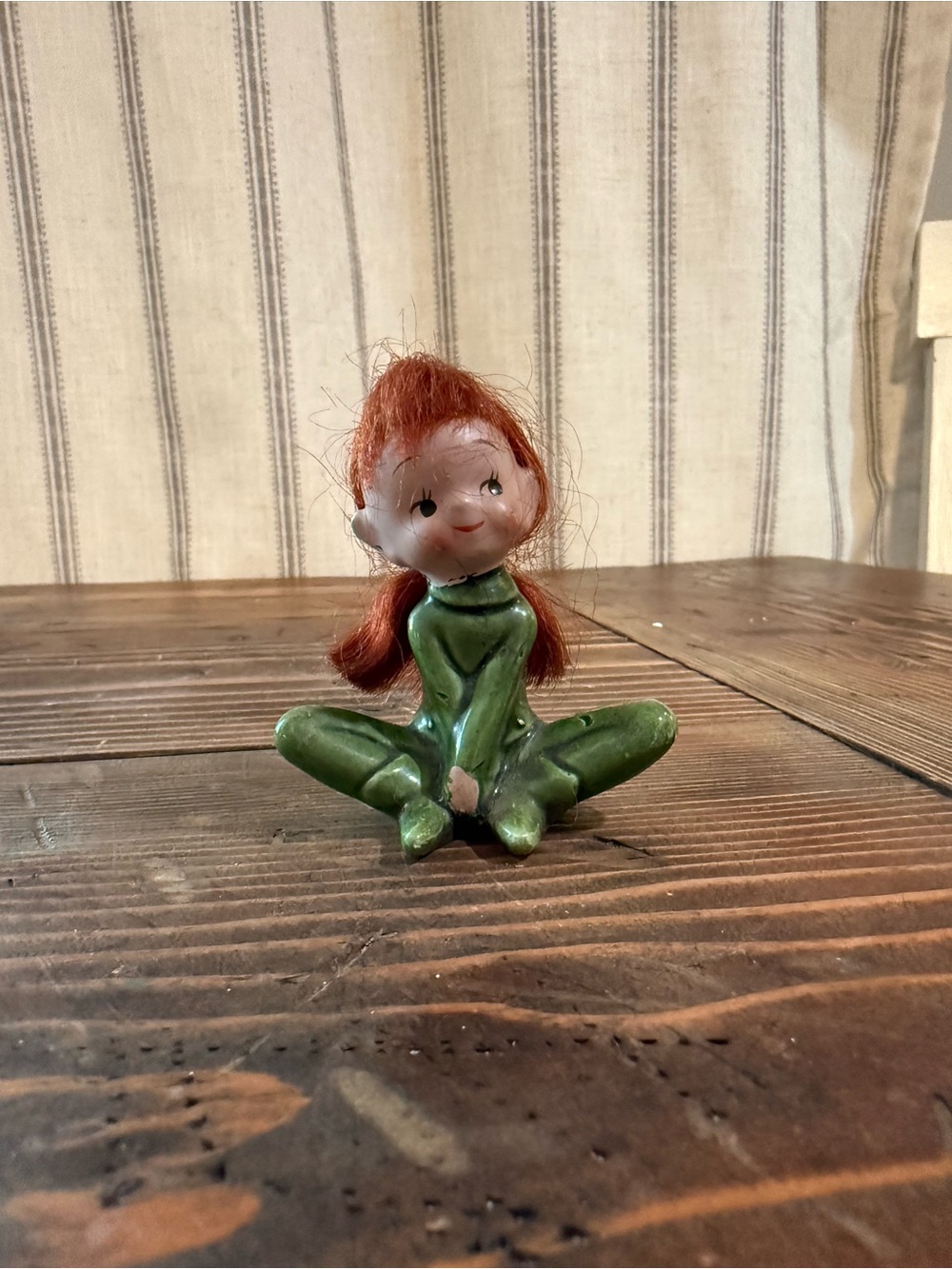 Vintage Green Ceramic fairy Figurine with Red Hair